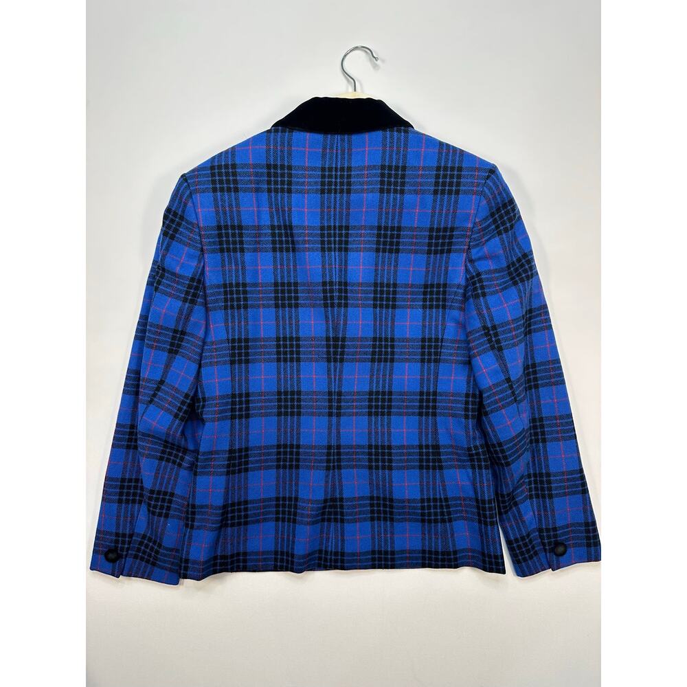 Vintage 1990’s Blue and Black Wool Plaid Blazer Jacket w/ Velvet Collar Size 10 - Picture 6 of 6